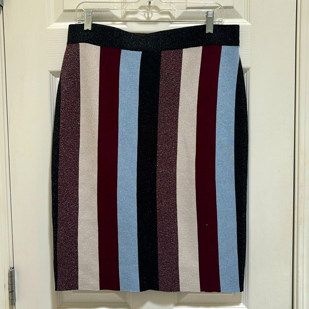 INC International concept extra large metallic stripe midi pencil skirt raw hem